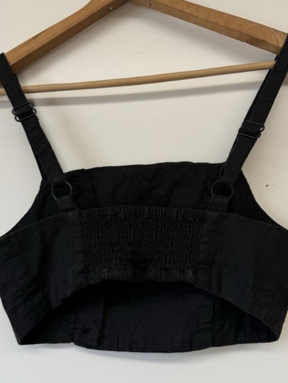 Black Crop Top Bandeau Smocked Back Button Linen Blend Sz Small - Picture 3 of 3